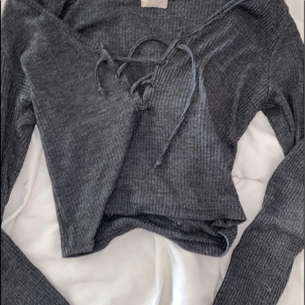 Long sleeved crop top ribbed tie up women’s shirt